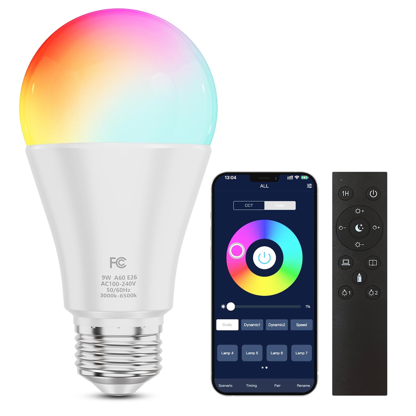 MXhme A19 Color Changing Light Bulb, Dimmable 9W (60W Equivalent), RGBWW, E26 Base, Remote & App Control, White