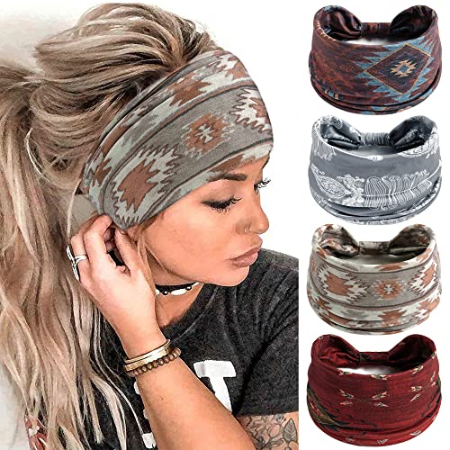 FULZTEY Boho Headbands for Women Vintage Elastic Fabric Printed Hair Bands Workout Wide Knot Sweatbands Soft Cotton Headwr...