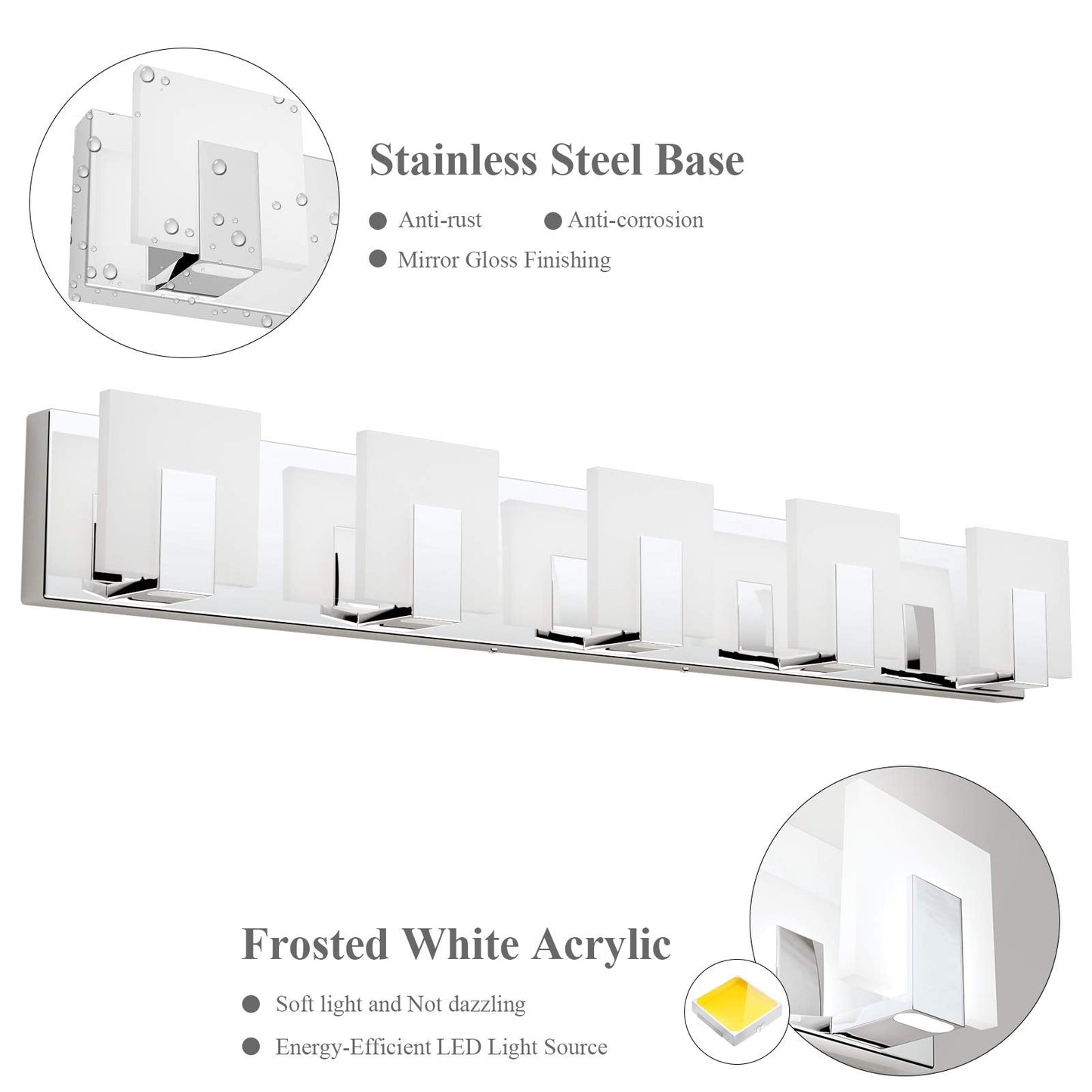 Aipsun Dimmable 5 Lights Led Bathroom Vanity Light Fixture - Chrome Stainless Steel, Model Ca-1105-5T-D, Over Mirror Lighting