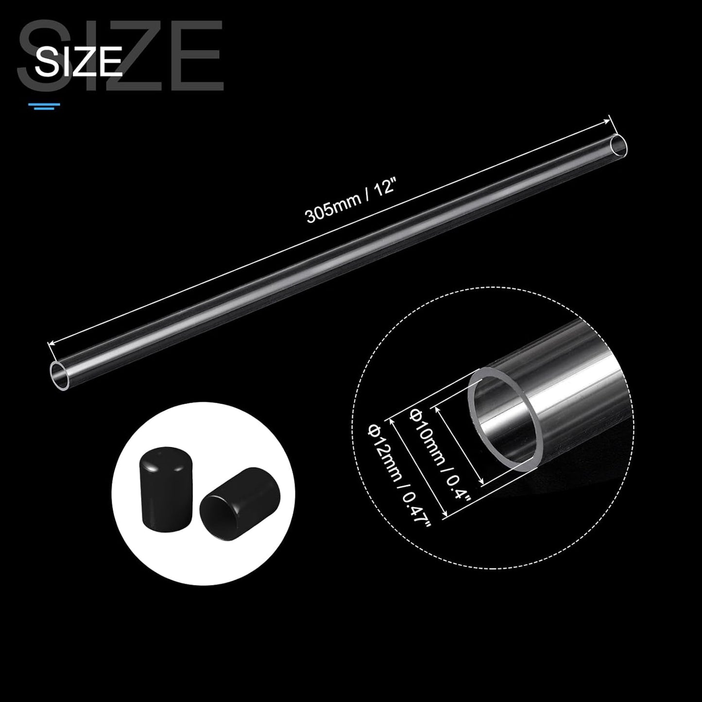 PATIKIL Clear Rigid Tube Round Plastic Tubing with Black Rubber Caps Polycarbonate Water Pipe, 305mm/ 12 Inch Length, 10mmx12mm/0.4"x0.47", 2 Set