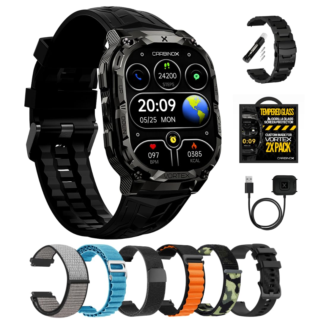 CARBINOX Vortex Smart Watch with Metal Band, Charger, Tempered Glass (2 Pack), Straps Rugged Fitness Tracker IP69K Waterproof Compatible with Android and iOS Phone, 14 Days of Battery Military Durable