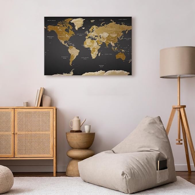 artgeist Canvas Wall Art Print World Map 35x24 in - 1pcs Home Decor Framed Stretched Picture Photo Painting Artwork Image World Travel Map k-A-0104-b-c