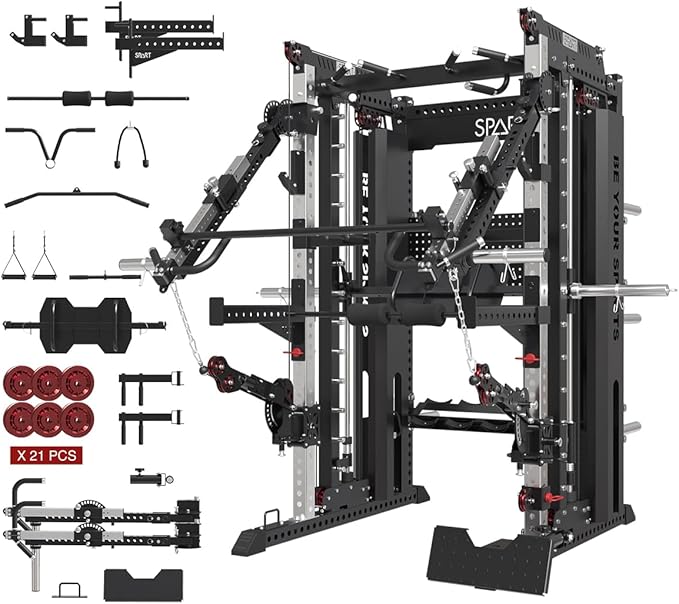Commercial Smithe Machine with Weight Stack, All-in-One Power Cage Squat Rack Home Gym System with Leg Press Attachment & ...
