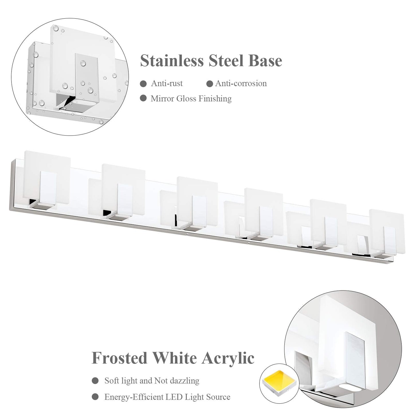 Aipsun 6-Light Dimmable Led Bathroom Vanity Light, Stainless Steel Chrome, Model Ca-1105-6T-D, White Light 6000K