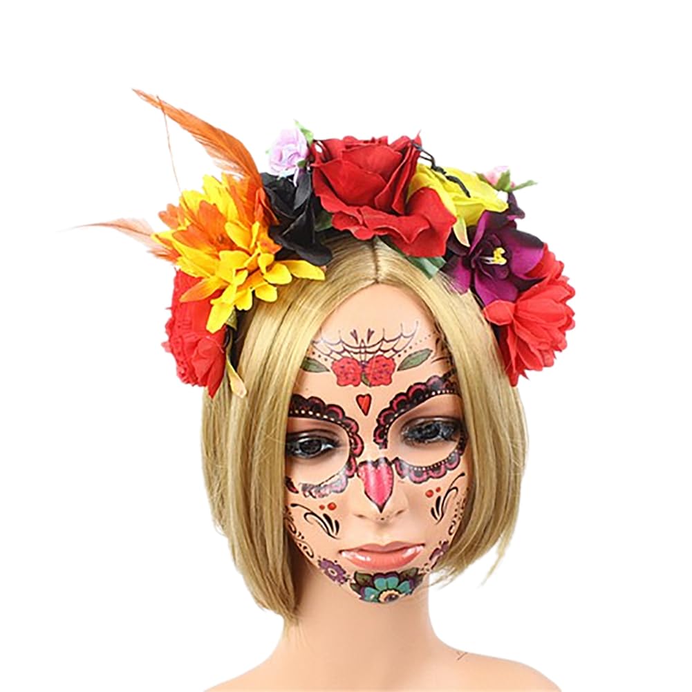 Lofruiin Women's Bohemian Rose Flower Crown Mexican Day of The Dead Headband Halloween Party Costume Headpiece (Red, Free)