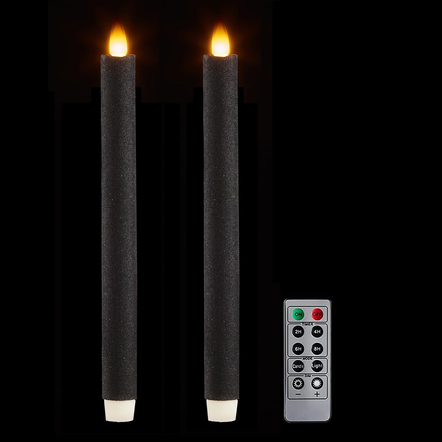 CozierGlow Flameless Taper Candles Flickering with Remote and Timer, 3D Moving Flame Taper Candle Battery Operated to 400 Hours, 9 Inch Window Candles, (Glitter Black)