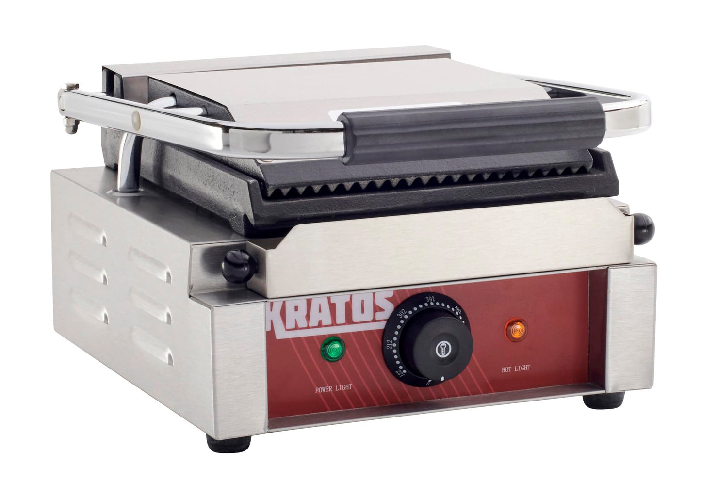 Kratos Commercial Electric Panini Sandwich Grill with Grooved Top and Smooth Bottom Plates, 9" x 9" Cooking Surface, Commercial Countertop Panini Press, 120V, 1750W (29Y-019)
