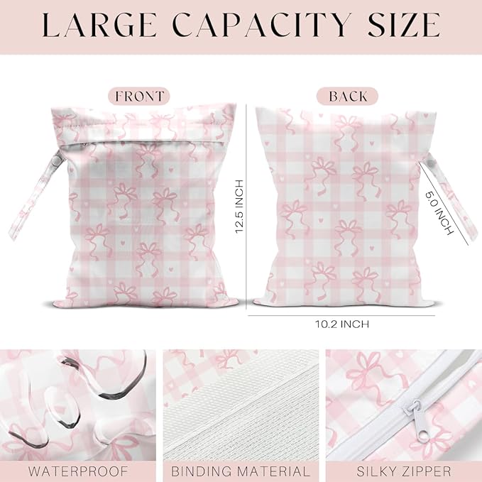 Wet Bag for Swimsuit, Beach Travel Essentials Wet Dry Bag, for Sunscreen Toiletry Dirty Clothes Yoga Gym Diaper, Friends Summer Beach Vacation Gifts. Pink and white checkered bow