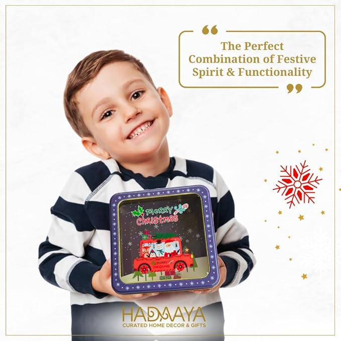 Metal Cookie Tin with Clear Lid – Square Multipurpose Storage Container for Cookies, Candy, Snacks, Chocolate Cake, Crafts – Ideal for Parties & Gift Giving – Merry Christmas Design