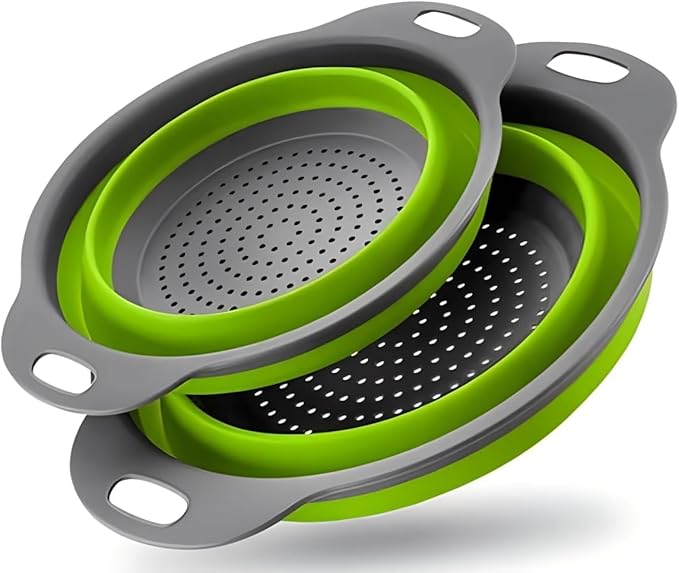 Collapsible Colander Set,Premium Food Grade Silicone Folding Strainers with Handles Space Saving Colanders for Draining Pasta,Vegetables & Fruits,Ideal for Kitchen & Travel (2pc)