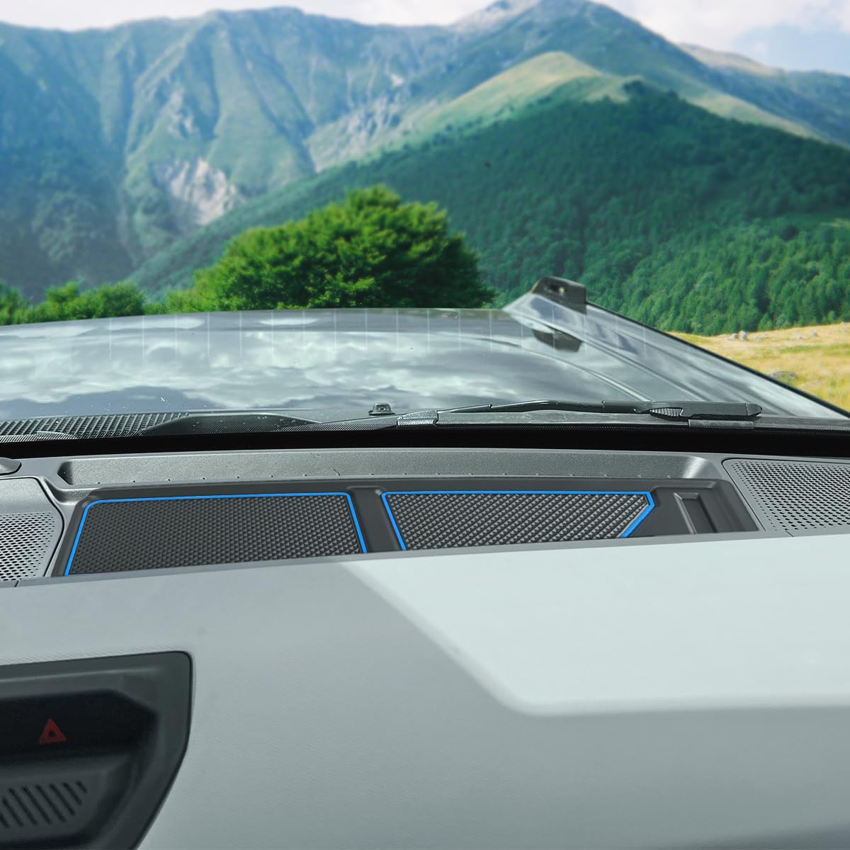 auovo Dash Cover Tray Fit for Ford Bronco Accessories 2026 2025 2021 2022 2023 2024 Anti-Slip Silicone Dashboard Compartments Mat fit Bronco 2/4-Door Interior Dash Pad Liners 2-pc Set (Blue Trim)