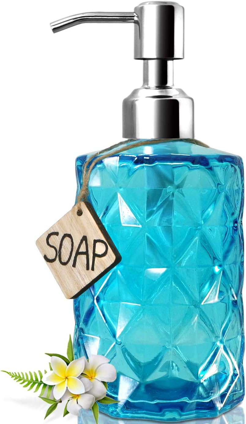 JASAI Diamond Design Soap Dispenser with 304 Rust Proof Stainless Steel Soap Pump, 12 Ounce Kitchen Soap Dispenser for Bathroom, Hand Soap, Dish Soap (Clear Blue).