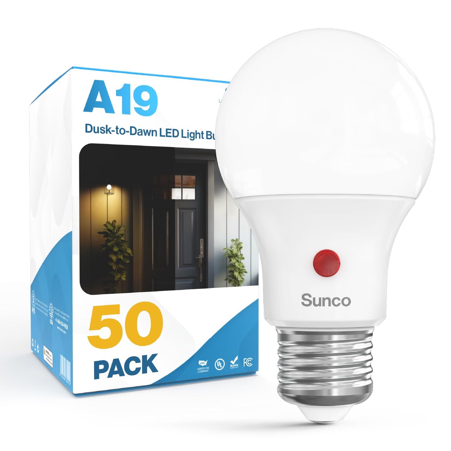 Sunco 50 Pack Dusk To Dawn Led Outdoor Light Bulb A19  Photocell Automatic For Exterior Lighting  800 Lm  9W (60W Eqv.)  5000K Daylight  Auto On/Off Sensor  Ip65 Rated Ul