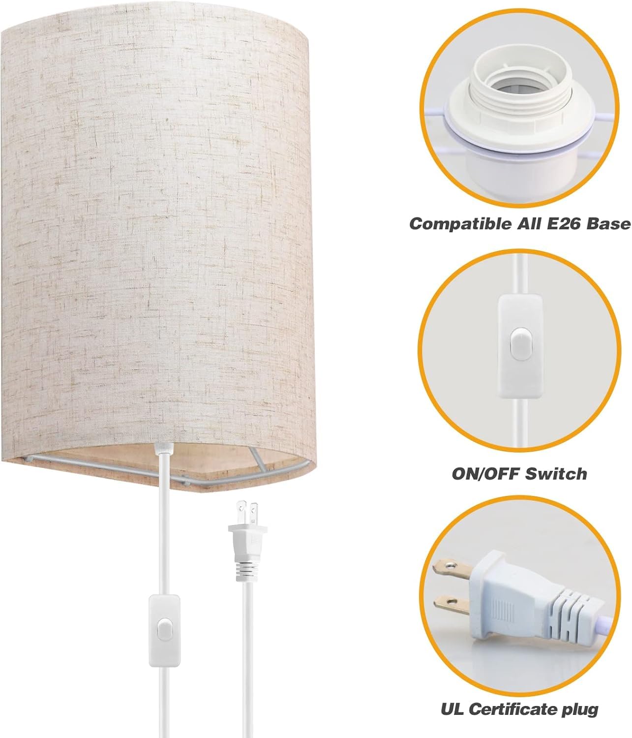 Beser?Win Plug in Wall Sconce Set of Two, Rustic Fabric Lamp with On/Off Switch, Beige