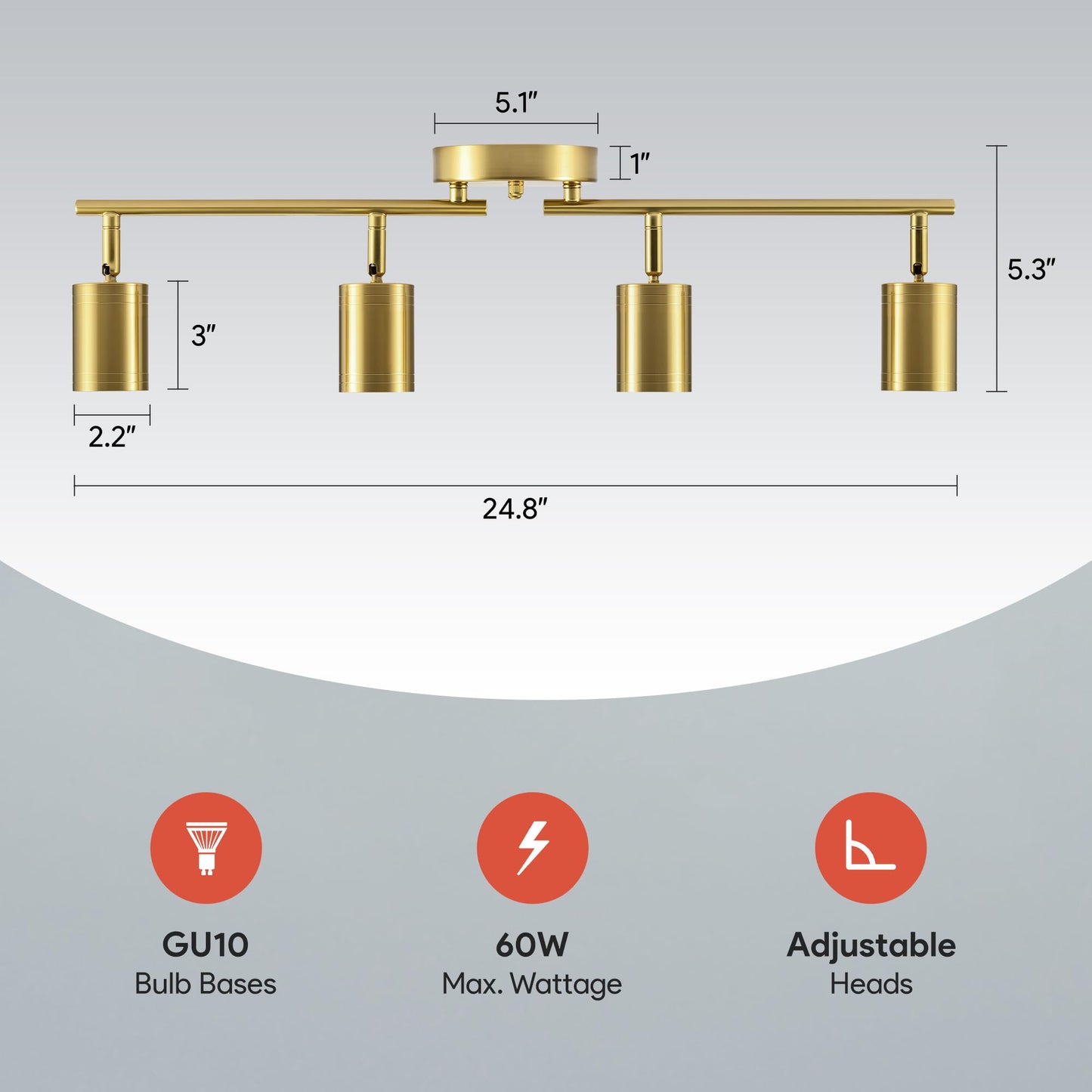 VONLUCE 4 Light Track Light Fixture, LED Track Lighting Kit with Rotatable Heads, 3-Color GU10 Bulbs Included, Modern Ceiling Spotlight for Kitchen Office Closet Studio Bedroom, Gold