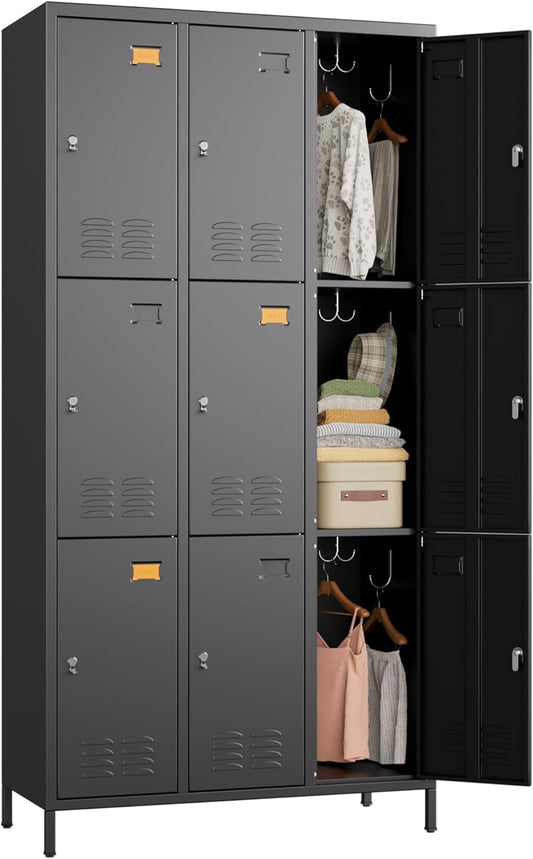 9 Doors Metal Lockers for Employees with 27 Hooks, Storage Locker with Business Card Holder for Office Gym School Bedroom, Assembly Required, Black