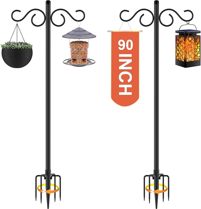 RCUICA Double Shepherds Hooks for Outdoor,2 Pack 90 Inch Bird Feeder Pole with 5 Prongs Base,Heavy Duty Shepherds Hook,Sui...