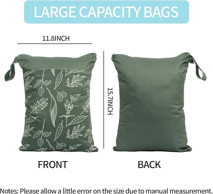2pcs Wet Bags Waterproof Reusable Wet Dry Bag with Two Zippered Pockets Travel Beach Pool Daycare Yoga Gym Bag for Baby Cloth Diaper,Swimsuits,Wet Clothes (Leaves & Grids)