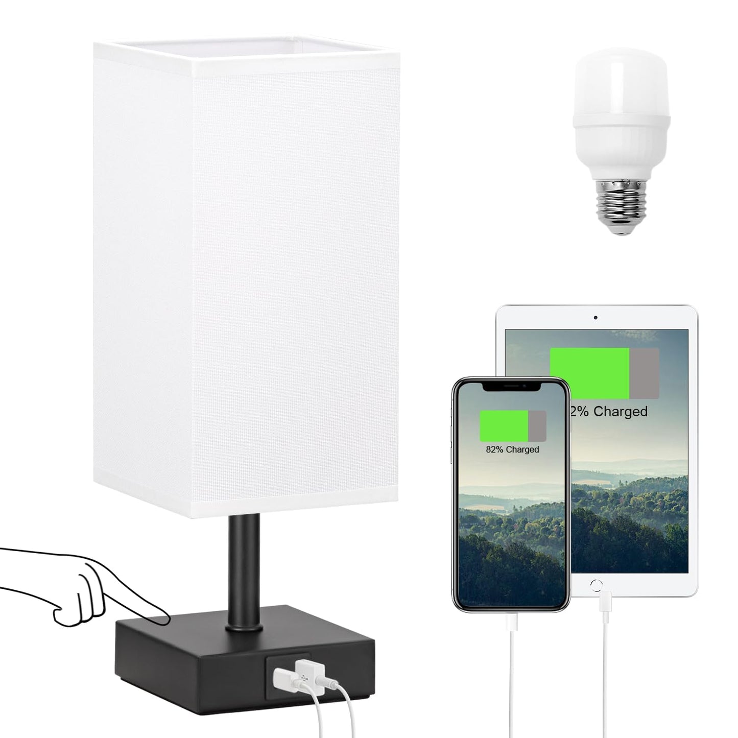 Ambimall Touch Control Table Lamp with USB A+C Ports, 13 inches, White Shade & Black Base, LED Bulb Included, Model RPT-fang1-7