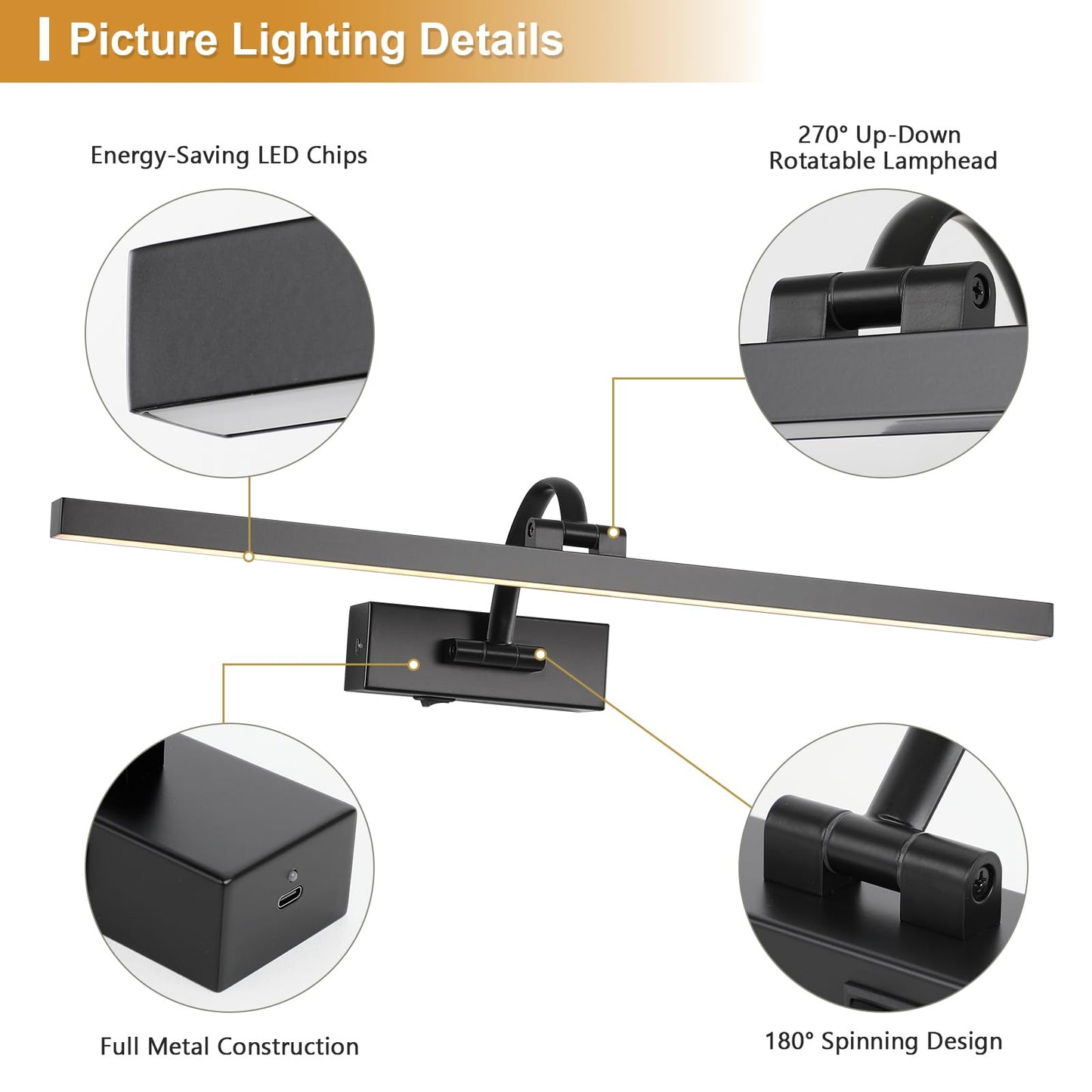 Wireless Picture Lights For Wall Battery Operated  Black Art Lighting For discomfort-reducingtings Rechargeable Gallery Lights With Remote And Timer 3Cct Dimmable discomfort-reducingting Lights For Artwork Portrait 23.62 Inch