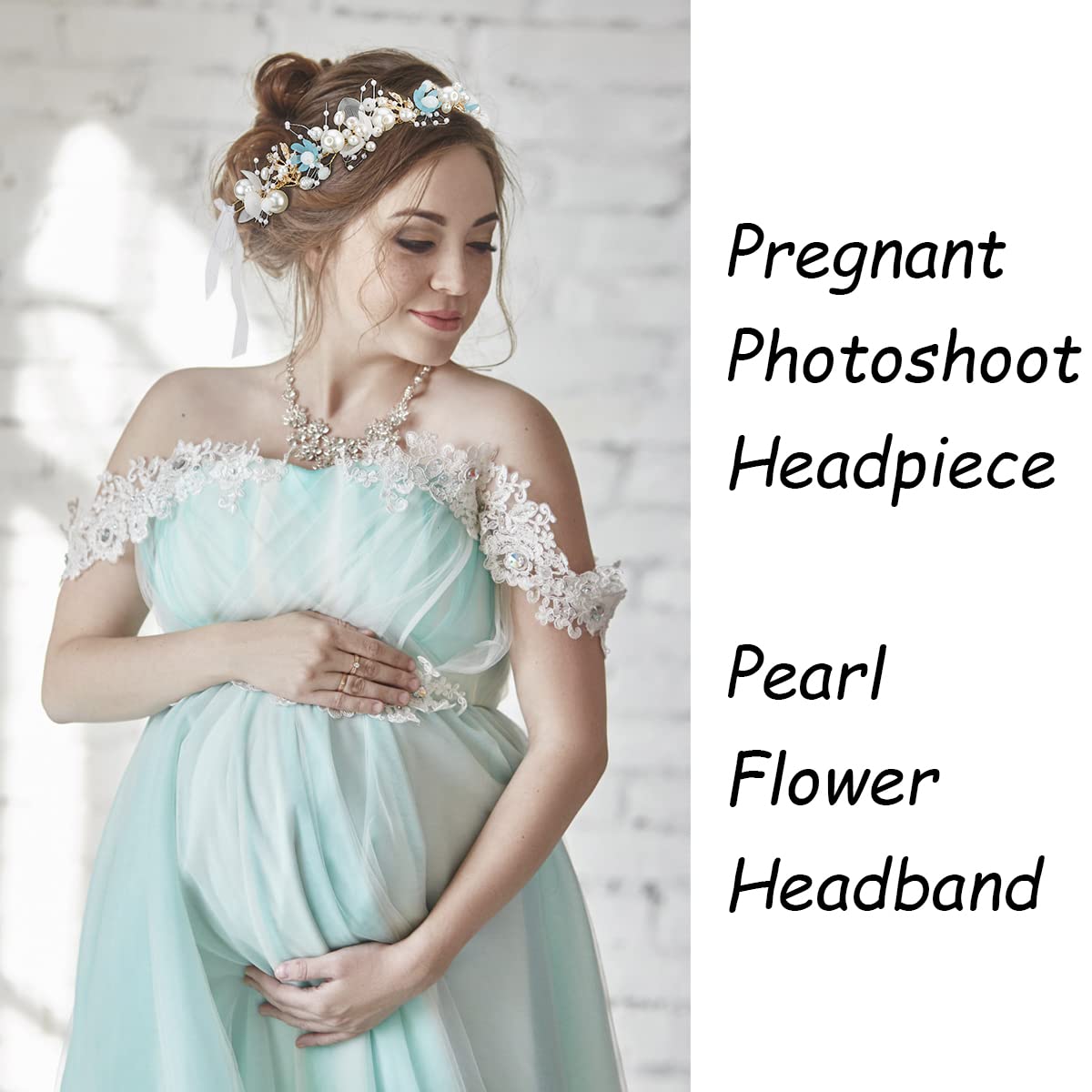 Didder Flower Headband Pearl Tiara and Crown for Women and Girls, Blue Maternity Photoshoot Rhinestone Headband Bridesmaid Weddi