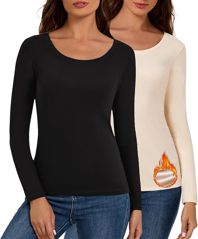 Bonneuitbebe Women's Thermal Shirt 2 Pack Long Sleeve Crewneck Fleece Lined Undershirt Ultra Soft Base Layer Tops