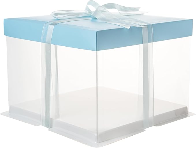 Restaurantware Sweet Vision 8.5 Inch x 6.75 Inch Transparent Cake Boxes, 10 Grease Resistant Base Clear Cake Boxes - Blue Lid, Blue Ribbon, Plastic Birthday Cake Boxes, For Weddings Or Birthdays