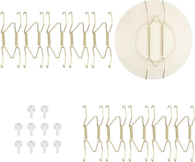 uxcell 10pcs Plate Hanger, 4 to 5 Inches Universal Stainless Steel Invisible Plate Hangers for The Wall W-Shaped Holder with Traceless Nail for Decorations, Golden