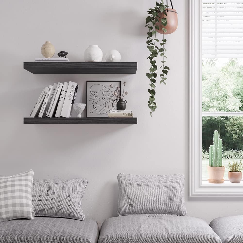 Floating Shelf, Set of 2 Wall Shelf, 30 in W x 12.75 in D x 2 in H Wooden Floating Wall Shelf with Invisible Brackets for Living Room/Bedroom/Bathroom/Kitchen Storage and Decor, Black Wood