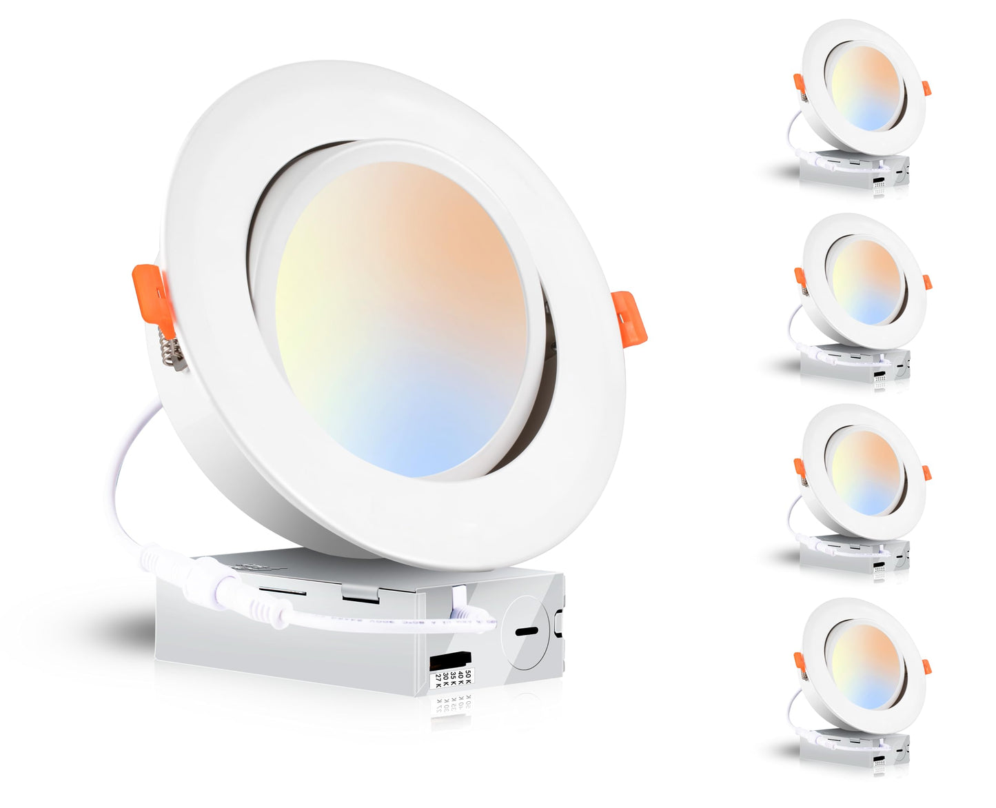 CLOUDY BAY 15W 6 Inch Swivel LED Gimbal Recessed Light, 5 Color Temperature Selectable, IC Rated, White, Pack of 4