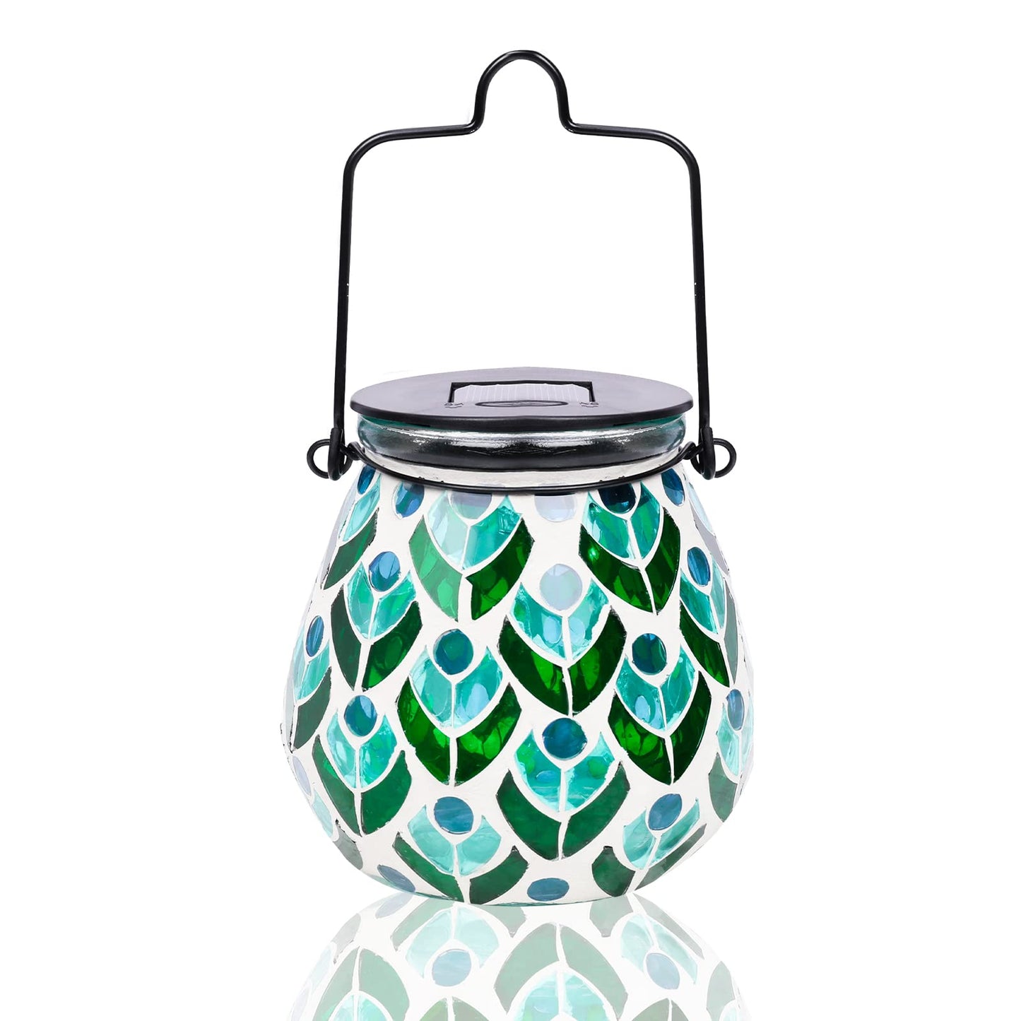 Afirst Mosaic Solar Lantern - Glass Hanging Waterproof Table Lamp for Garden, Patio, Holiday; Peacock Color, Model 4431880