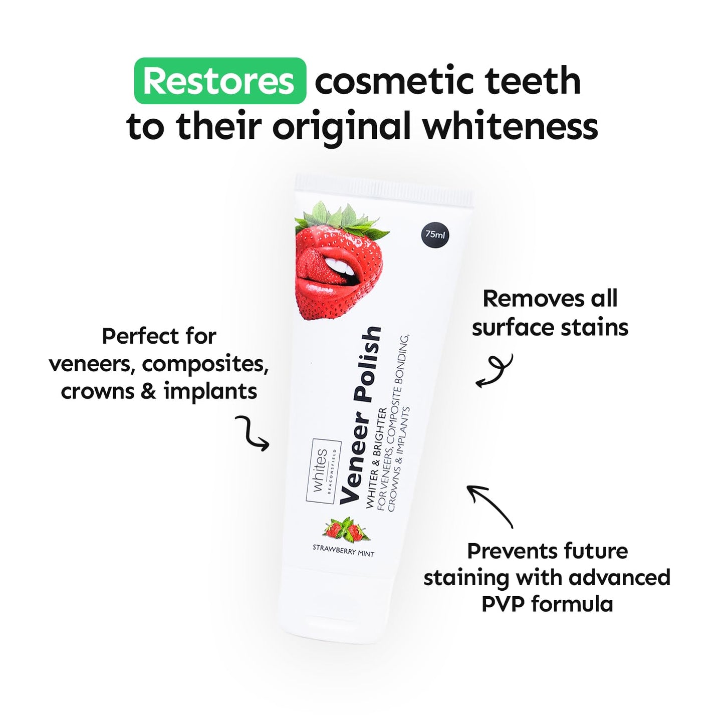Whites Beaconsfield Veneer & Composite Whitening Polish – Professional Toothpaste for Veneers, Bonding, Crowns, Implants, Bridges & Natural Teeth – Effective Stain Remover (Strawberry Mint)