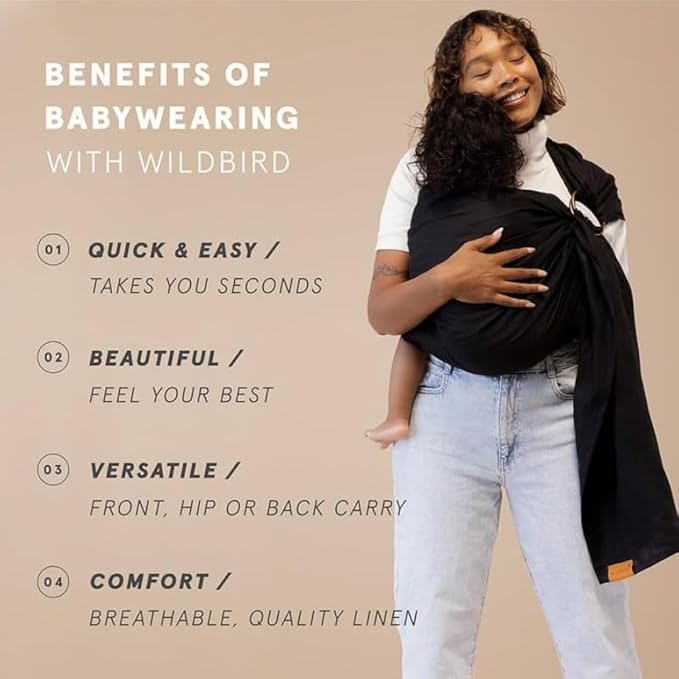 WildBird - Ring Sling Baby Carrier - Newborn to Up to 35 lbs - for Moms, Dads & Caregivers - 100% Natural European Linen Fibers - Versatile & Adjustable - 90” Size - Raven Fabric & Goldk Ring