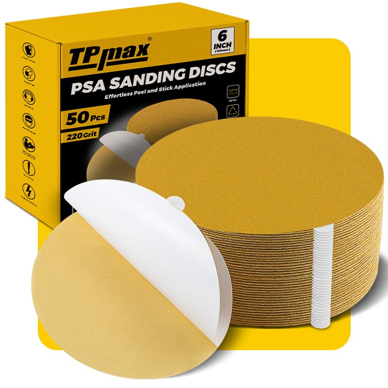 6-Inch 220-Grit Gold PSA Sanding Discs, 50 Pack – Pro-Grade Self-Adhesive Stickyback Sandpaper with Quick-Release Tabs for DA Sander, Fine Automotive/Wood/Metal Sanding