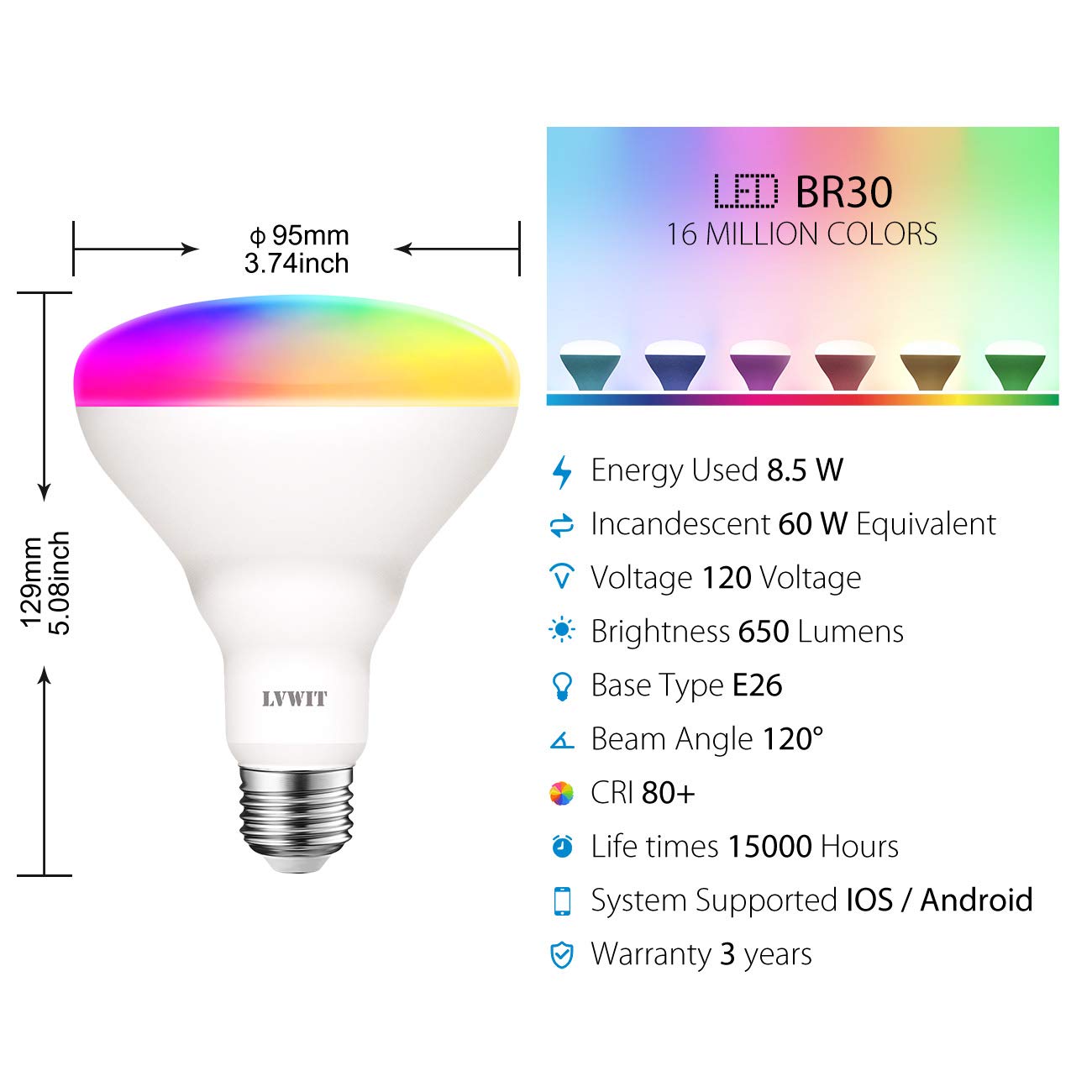 LVWIT Wi-Fi Smart Light Bulb, BR30 LED, RGB Color Changing, 60W Equivalent, 2-Pack, No Hub Required, Compatible with Alexa & Google Assistant