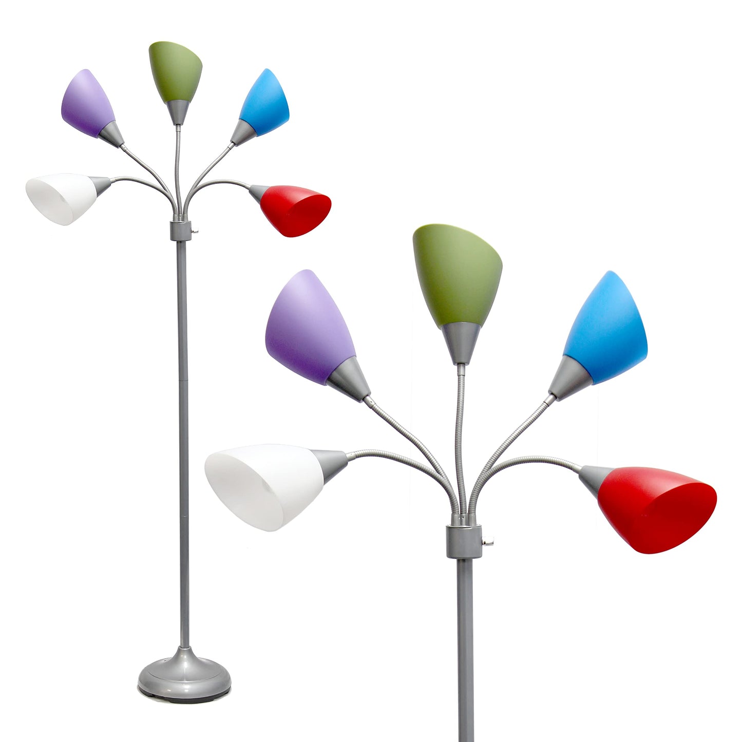 Simple Designs LF2006-SDM 67in Multi Head Gooseneck Floor Lamp, Silver/Primary Multicolor Shades, Plastic, Ideal for Kids Bedroom, Playroom, Office
