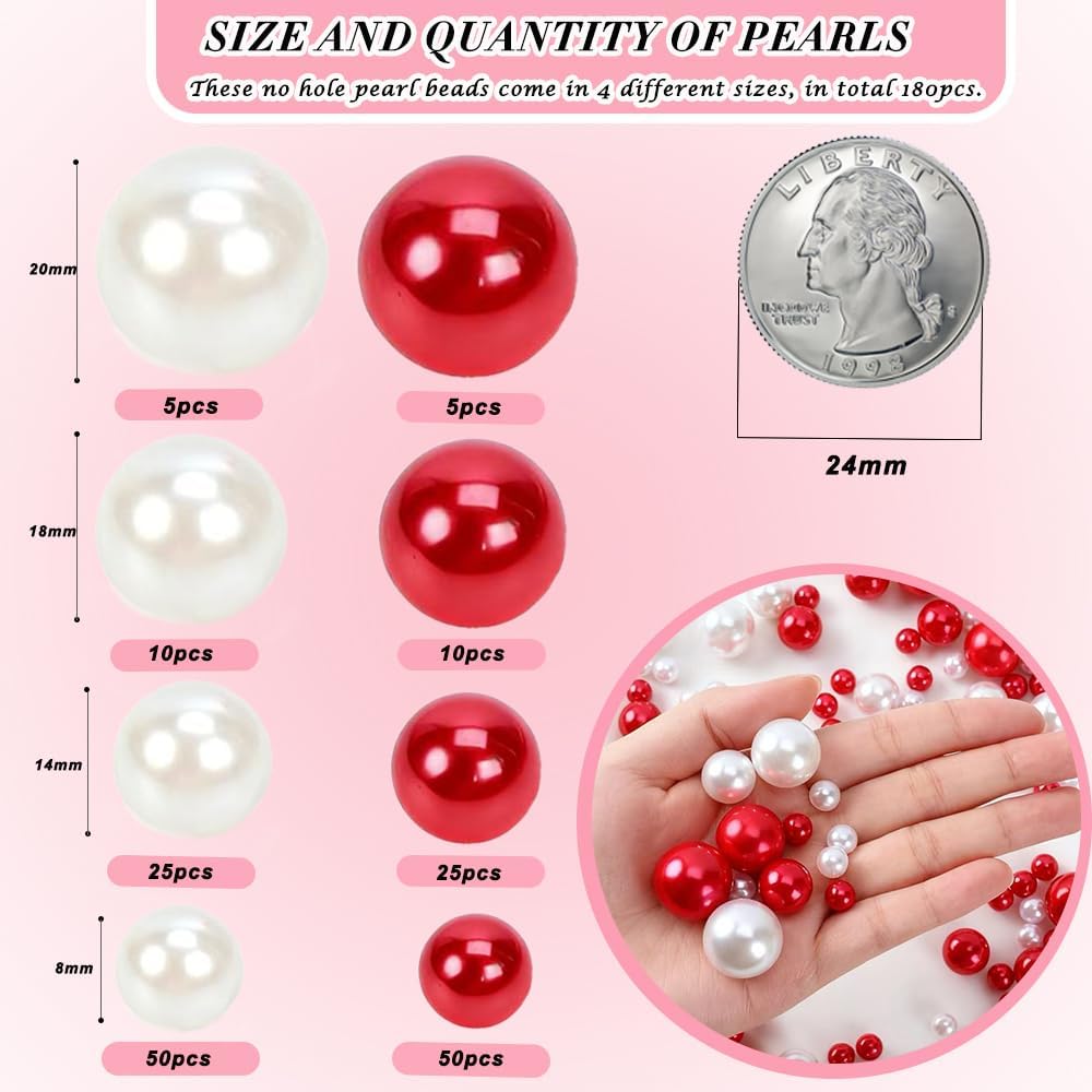 Pearl Beads No Hole Pearls for Crafting 180 Pcs Fake Pearls Faux Pearls for DIY Crafts Jewelry Making Vase Filler Floating Candle Wedding Birthday Party Home Decorations (Red & Ivory, 8/10/14/20mm)
