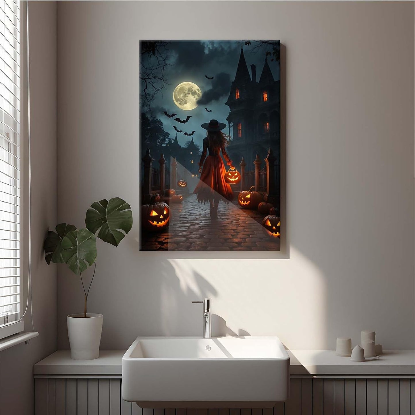 Halloween theme poster moonlit autumn night witch vintage poster art print dark college style gothic painting canvas wall decoration bedroom living room ideal gift20x30in Wood Framed