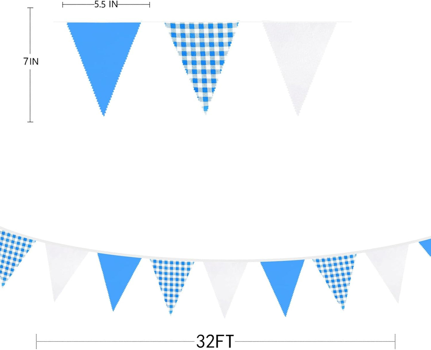 32Ft Blue Party Decorations Blue Buffalo Plaid Checkered White Triangle Flag Gingham Pennant Bunting Fabric Garland for Picnic Racing Car BBQ Birthday Wedding Carnival Party Outdoor Home Garden Decor