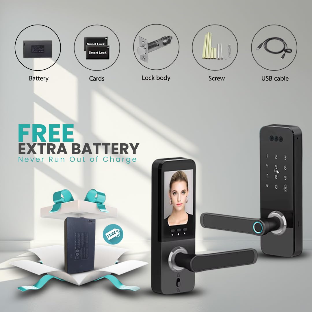 Smart Door Lock with Face Recognition – 6 Unlock Ways (Fingerprint, Face ID, Password, Card, Key, Tuya APP) | Keyless Entry & WiFi APP Control | Easy DIY Install | Weatherproof Design | Doorbell