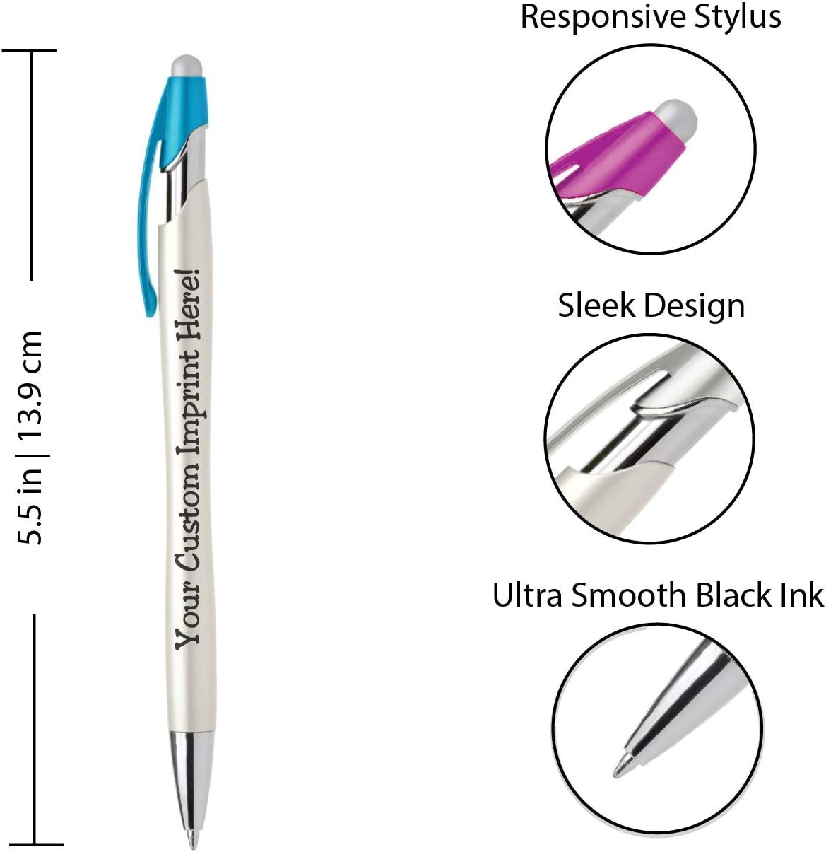 ExpressDesigns™ - Custom Pens with Stylus - The Pearl Personalized Metallic Printed Name Pens with Black Ink - Imprinted with Logo or Message with personalization - 12 pack (Pink)