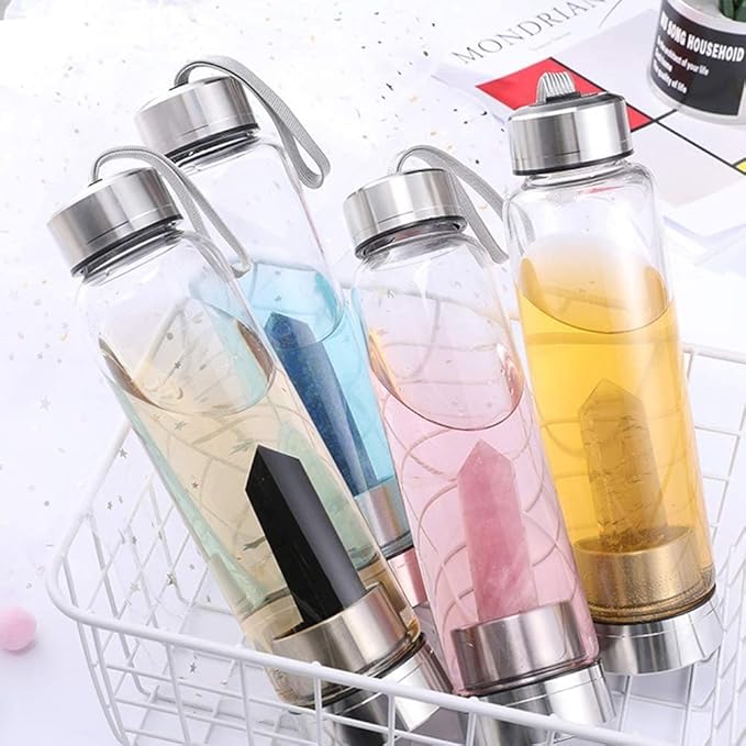 Crystal Glass Water Bottle, Glass Water Bottle with Changeable Natural Crystal Center, Quartz Gemstone Water Bottle for Natural