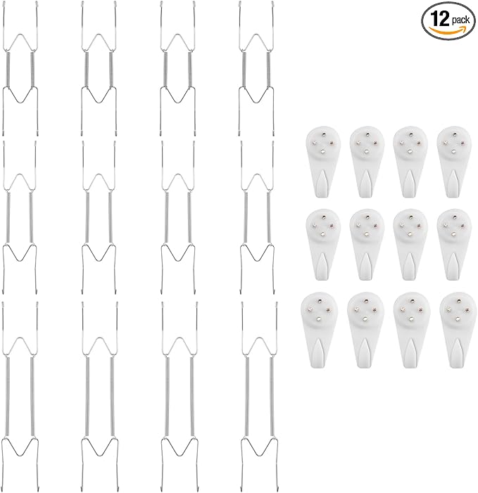 Bilillo 12 Pieces Plate Hangers, 8/10/12 Inch Invisible Wire Holders for Wall Display in Various Sizes with 12 Pieces Wall Hooks for 7.5 to 12.5 Inch Decor and Arts (Silver)