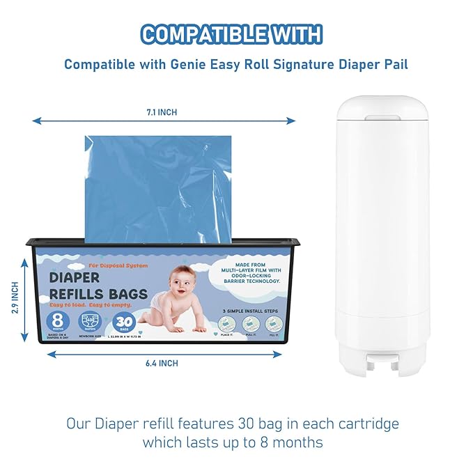 Diaper Pail Refills Bags with 30 Bags Compatible with Genie Easy Roll Signature Diaper Pails and Platinum Diaper Pails, Lasts Up to 8 Months, 7-Layer Odor-Barrier Technology, 4 Pack (120 Bags)