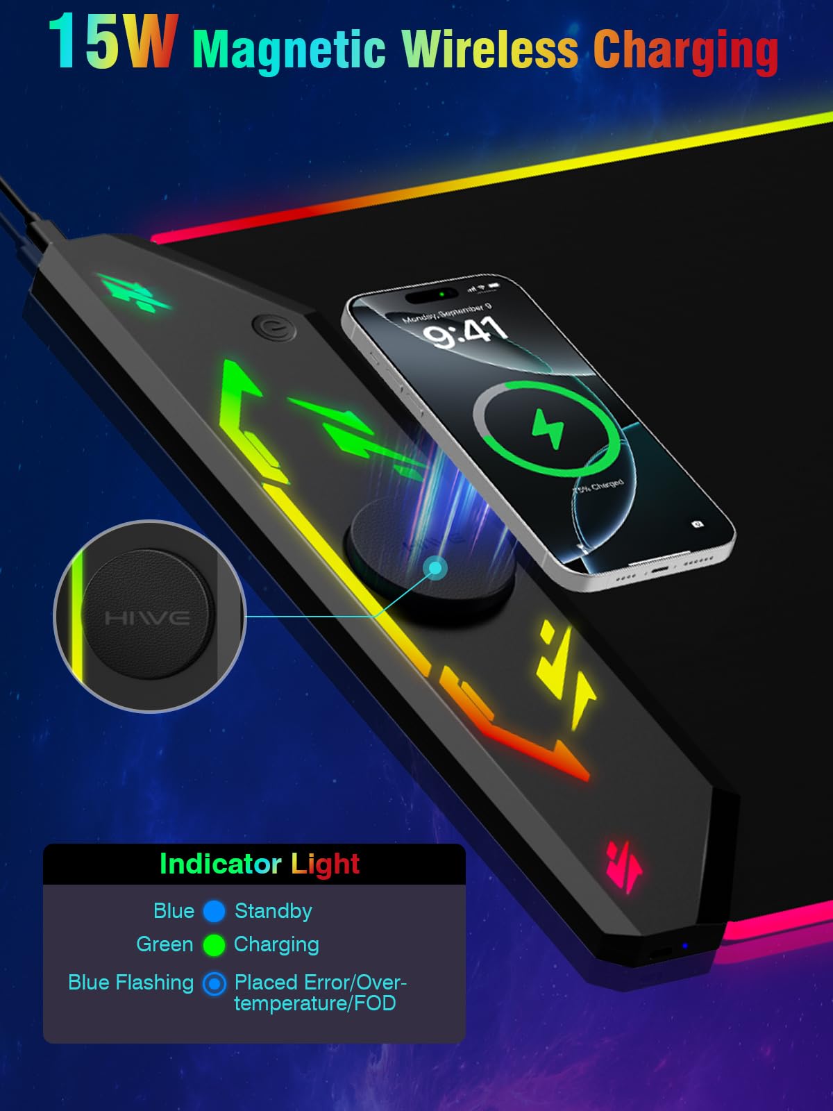 Gaming Mouse Pad RGB, 35"x15.8" Large Keyboard Desk Mat with Magnetic Wireless Charging for iPhone, 24 Light Effects, Non-Slip Base, Waterproof Ultra-Smooth Surface, with Adapter, Black