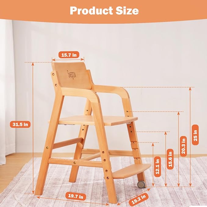 Swegrow Wooden High Chair with 2 Wheels, Adjustable Seat - Backrest - Footrest Heights, Wooden High Chair for Toddlers - Kids and Baby, Kids Dining Chair with Removable Cushion(Beige)