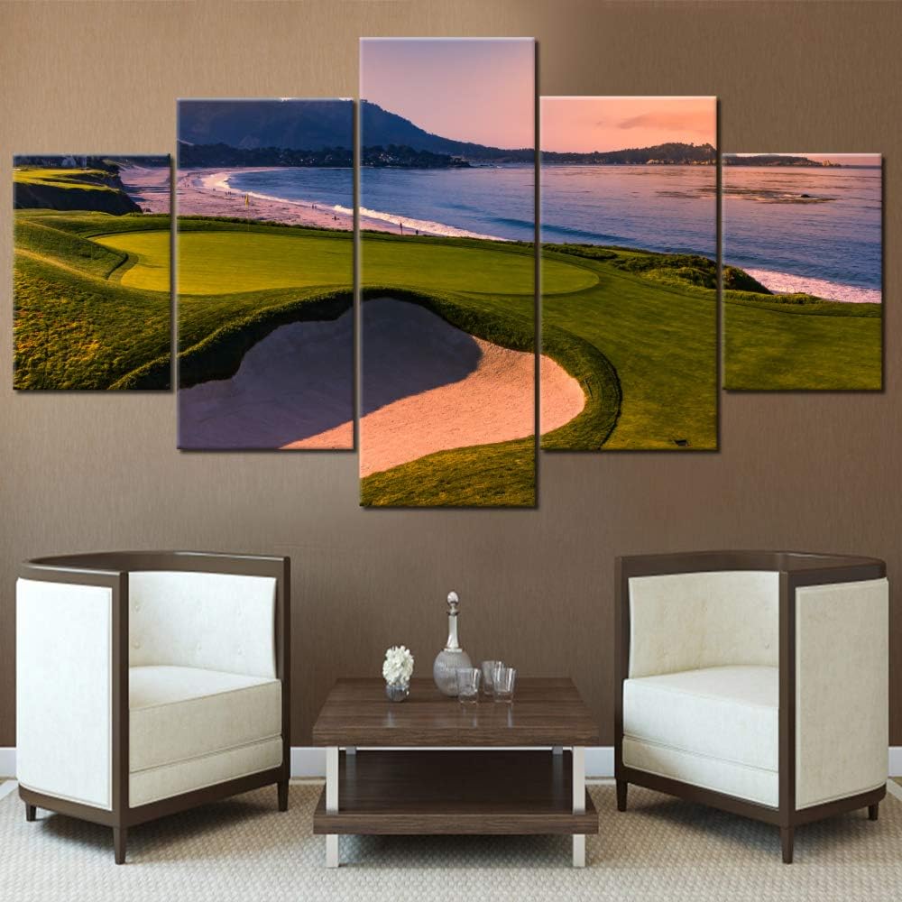 Native American Decor California Beach Golf Course Pictures 5 Panel Canvas Wall Art Green Landscape Paintings Contemporary Artwork Framed Ready to Hang in Living Room Posters and Prints(60''Wx32''H)