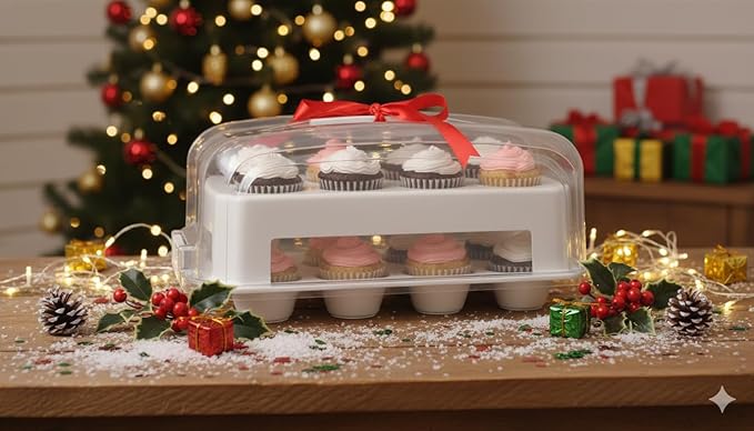 Cupcake Carrier, EXTRA LARGE LID, White Cupcake Holder Carries 24 Standard-Size Cupcakes, Muffin Traveler Two Tier Stand Reusable Cupcake Box