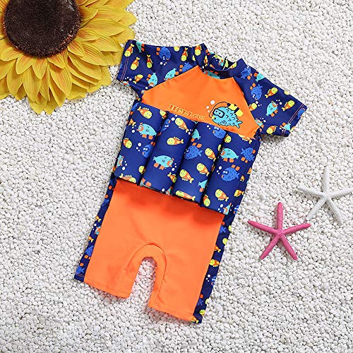 Floating Swimsuits for Kids Toddlers, Orange and Blue Color with Swimming Cap and Inflatable Arm Ring