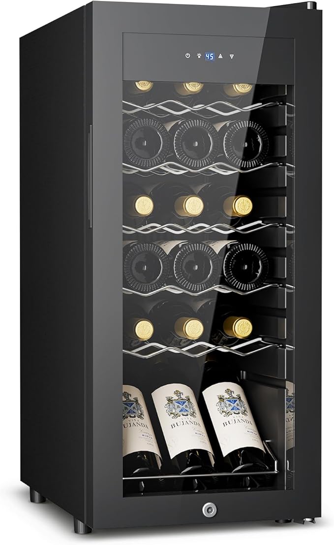 18 Bottle Compressor Wine Cooler Refrigerator - 1.58 Cu.Ft Freestanding Wine Cellar for Red, White, Champagne, Small Wine Fridge with Glass Door & Adjustable Temperature for Home Bar, Office